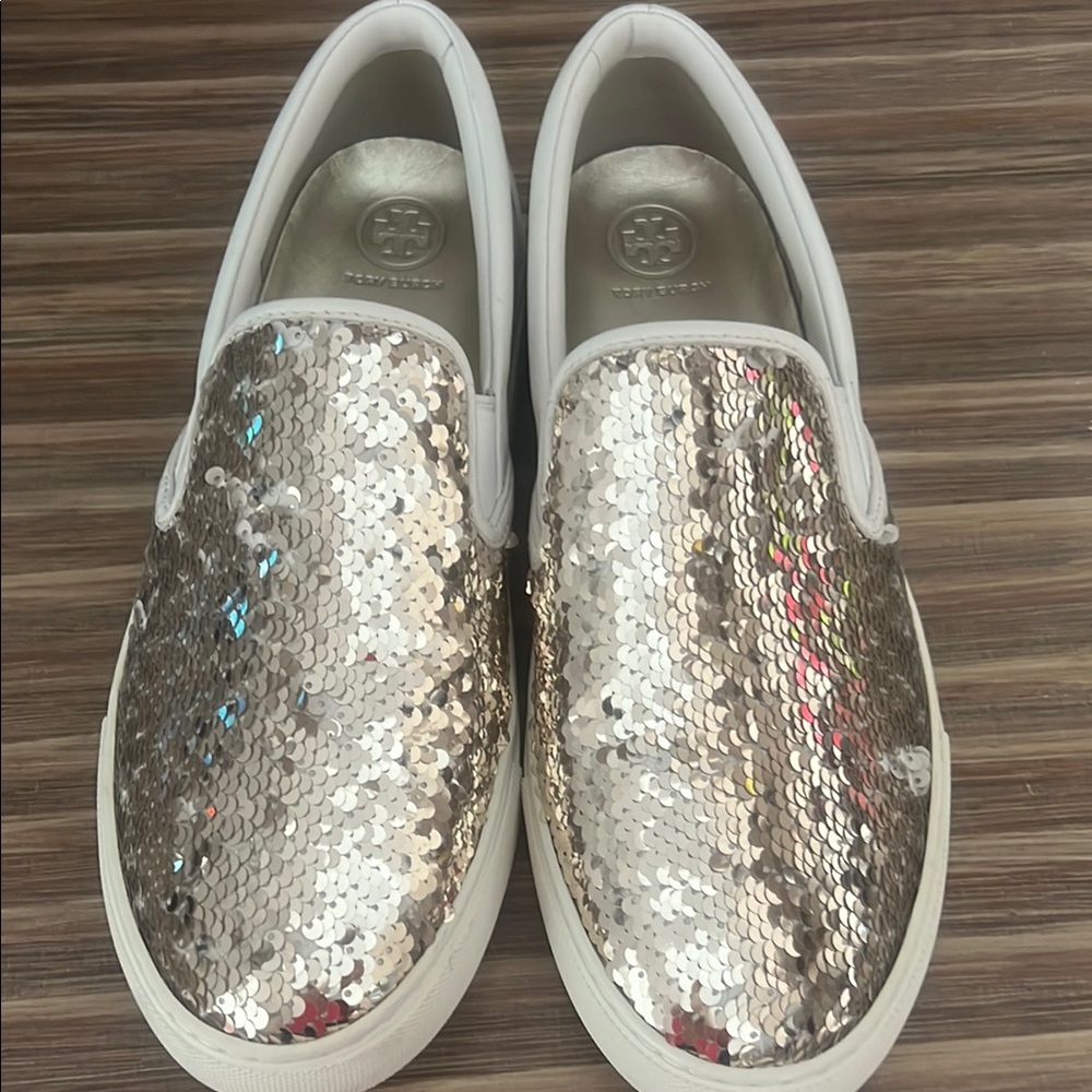Tory Burch Gold and White Sequin Flats